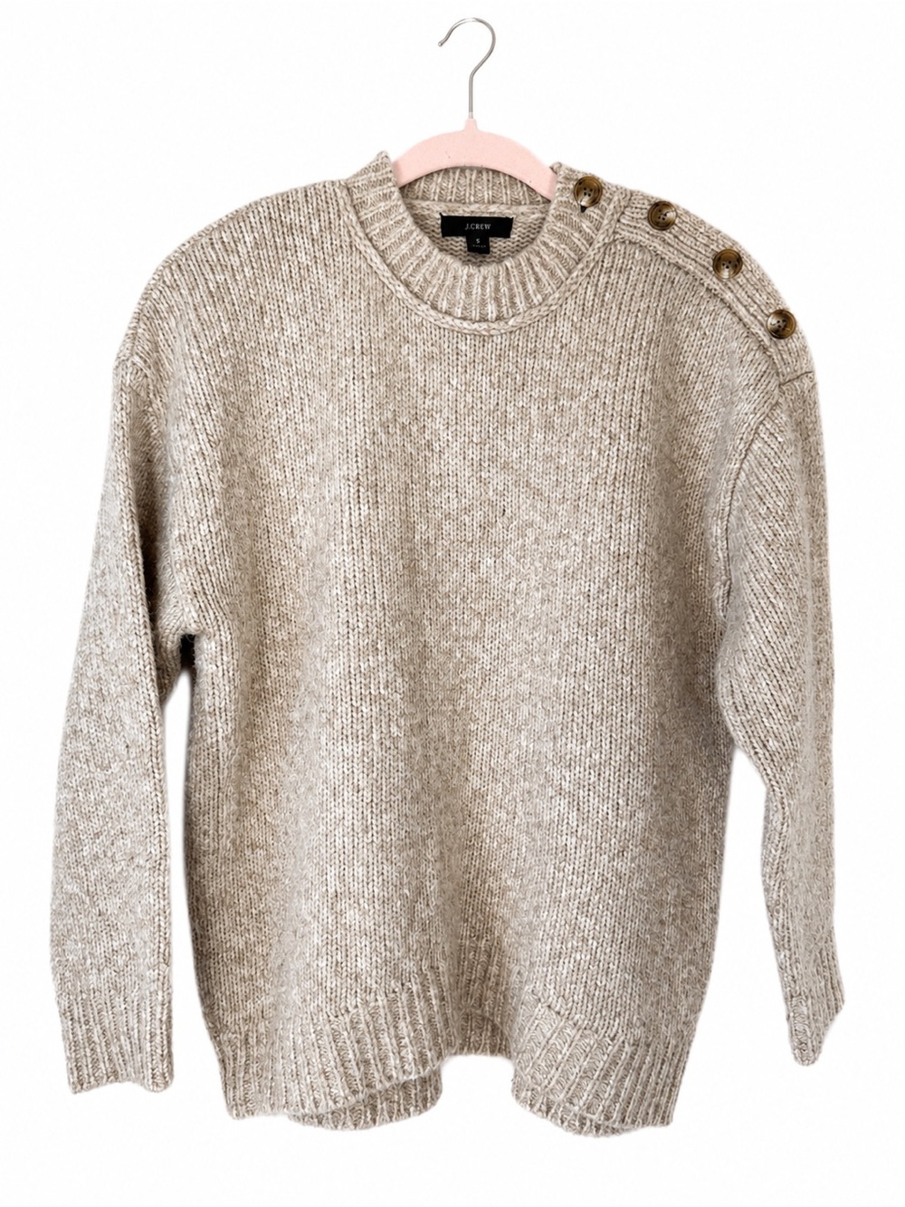J.Crew Button Shoulder Wool Alpaca Heathered Oatmeal Crewneck Sweater S